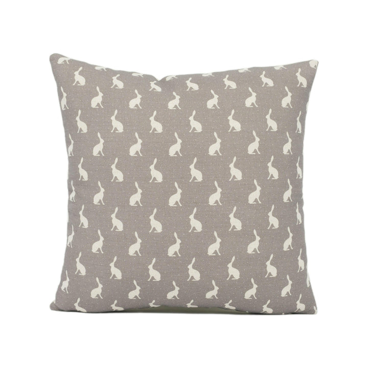 Peony & Sage - Mini Hops - Mud Background on Oatmeal Linen - Fun Bunny Rabbit Cushion Cover - Handmade Throw Pillow - Designer Home Décor.