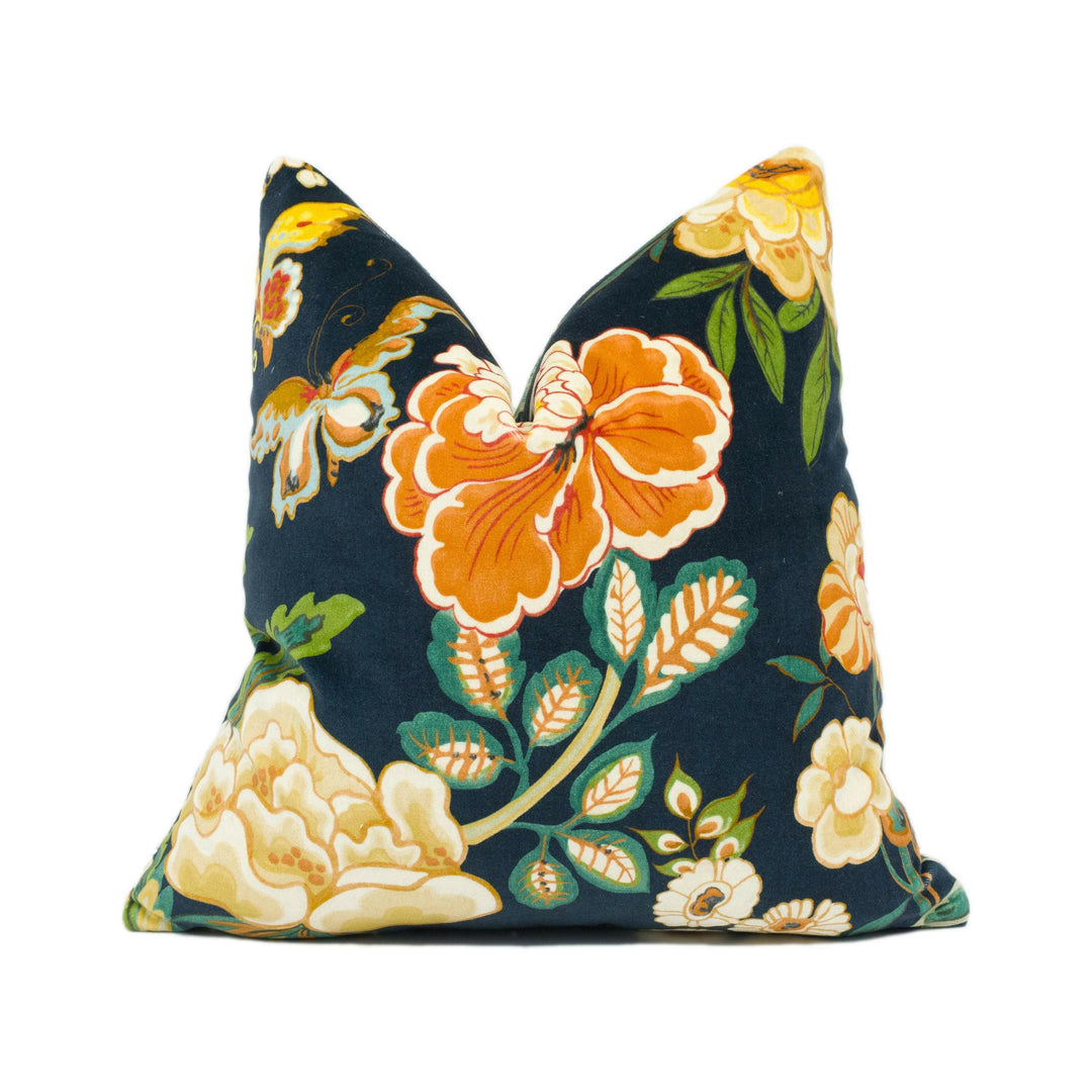 Sanderson - Emperor Peony Velvet - Midnight / Apricot - Plush Floral Velvet Cushion Cover - Chic Designer Pillow Cover - Blue Orange Cushion.