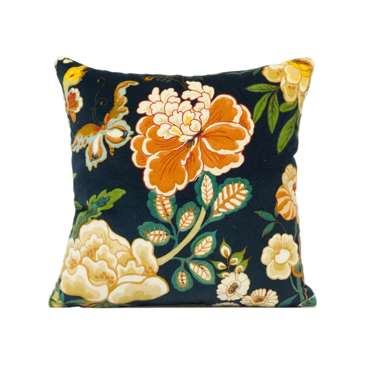 Sanderson - Emperor Peony Velvet - Midnight / Apricot - Plush Floral Velvet Cushion Cover - Chic Designer Pillow Cover - Blue Orange Cushion.
