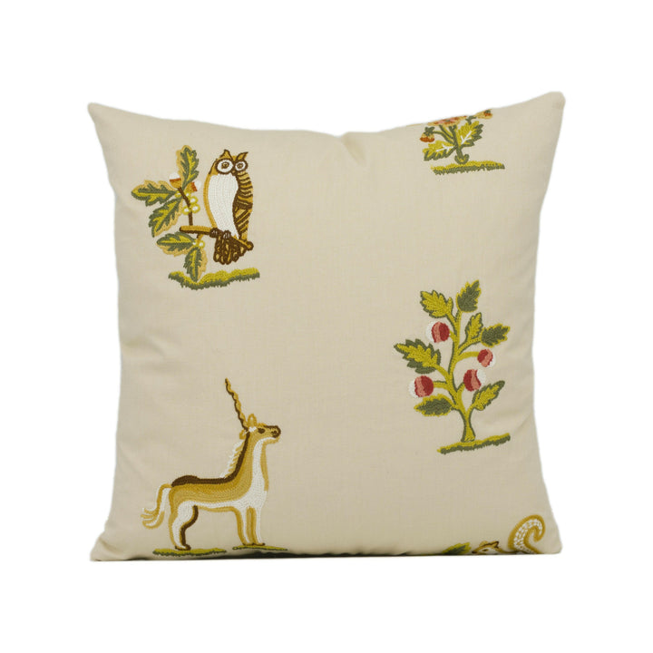 Sanderson - Clemence - Russet / Sand - Embroidered Forest Animals & Wild Flowers Cushion Cover - Handmade Throw Pillow - Designer Home Décor.