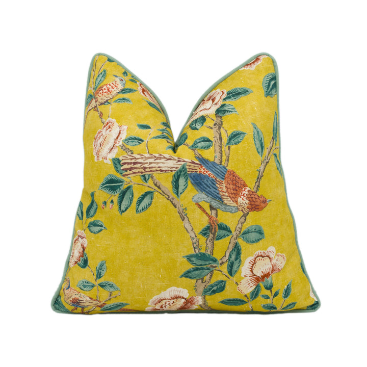 Sanderson - Andhara - Saffron / Teal - Classic Flora and Fauna Chinoiserie Designer Cushion Cover - Luxury Throw Pillow - Handmade Home Déco.