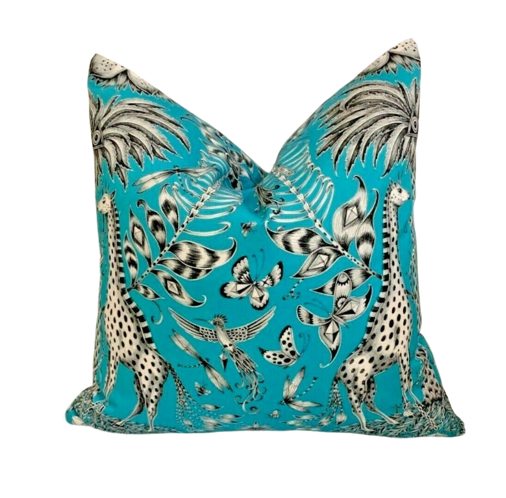 Teal Funky Maximalist Fantasy Giraffes and Zebras  - Bold Flora and Fauna Designer Cushion Cover - Luxury Throw Pillow - Handmade Hom.