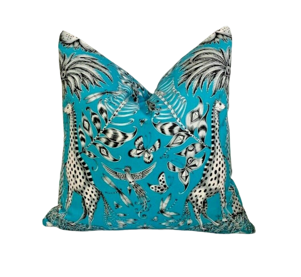 Teal Funky Maximalist Fantasy Giraffes and Zebras  - Bold Flora and Fauna Designer Cushion Cover - Luxury Throw Pillow - Handmade Hom.