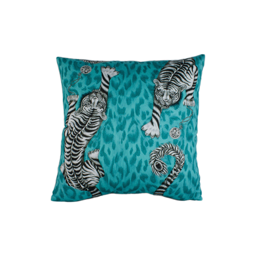 Teal Funky Maximalist Tiger Designer Cushion Cover - Bold Flora and Fauna Luxury Throw Pillow - Handmade Home Decor - Funky Scatter Pillow.