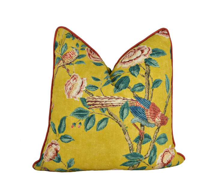 Sanderson - Andhara - Saffron / Teal - Classic Flora and Fauna Chinoiserie Designer Cushion Cover - Luxury Throw Pillow - Handmade Home Déco.
