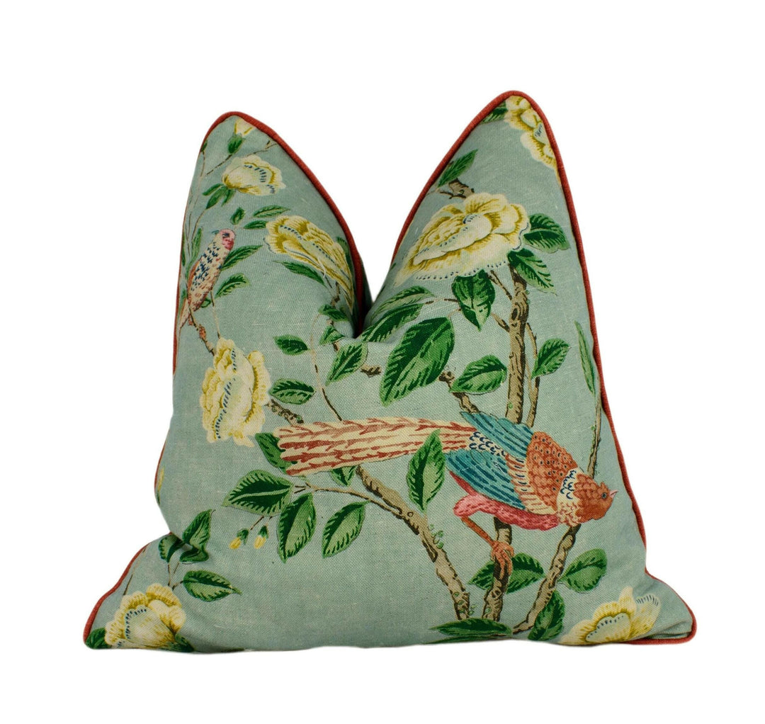 Sanderson - Andhara - Seaglass - Classic Flora and Fauna Chinoiserie Designer Cushion Cover - Luxury Throw Pillow - Handmade Home Décor.