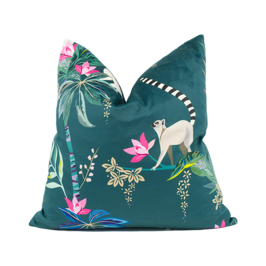 Lemur Teal Velvet Designer Cushion Cover - Luxury Velvet Throw Pillow - Tropical Fantasy Maximalist Pillow Cover - Custom Handmade Pillow.