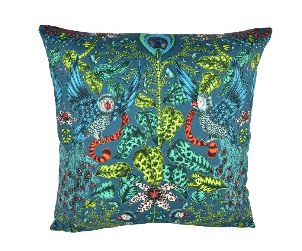 Blue & Green Funky Maximalist Fantasy Tropical Birds - Bold Flora and Fauna Designer Cushion Cover - Luxury Throw Pillow - Handmade Home.