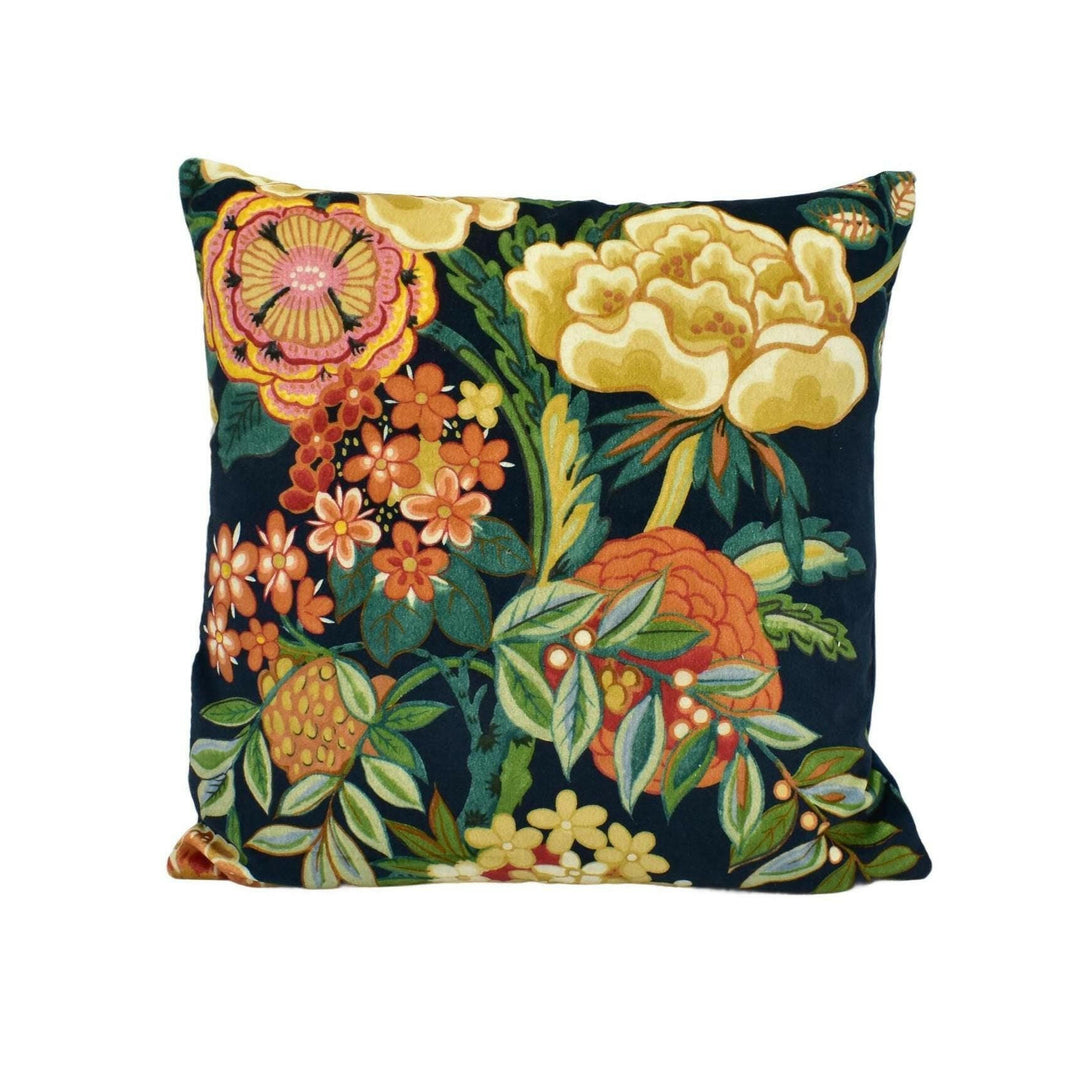 Sanderson - Emperor Peony Velvet - Midnight / Apricot - Plush Floral Velvet Cushion Cover - Chic Designer Pillow Cover - Blue Orange Cushion.