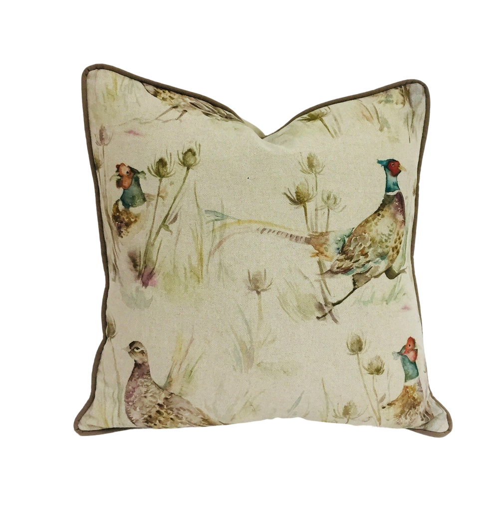 Voyage - Bowmont Pheasant - Linen - Stunning Contrast Piped Cushion Cover Throw Pillow Designer Home Decor.