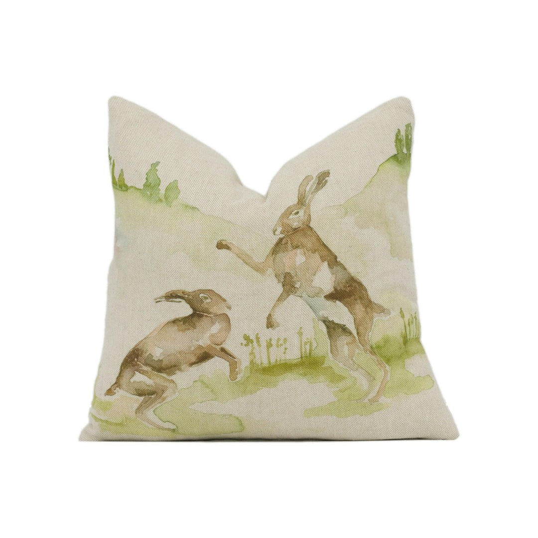 Voyage - Boxing Hares -  Linen - Cute Rabbit Cushion Cover Throw Pillow Designer Home Decor.