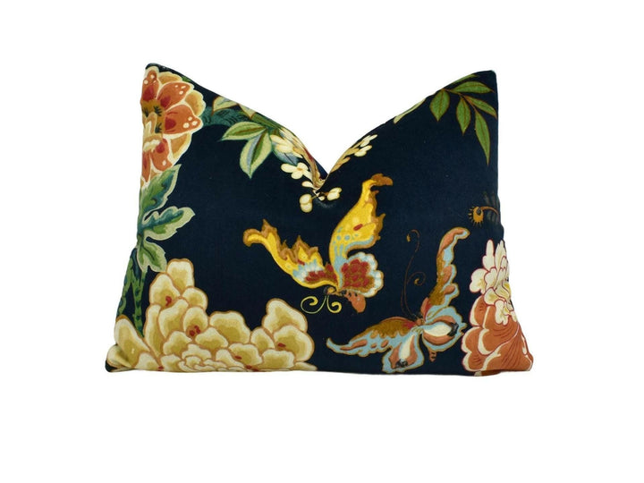 Sanderson - Emperor Peony Velvet - Midnight / Apricot - Plush Floral Velvet Cushion Cover - Chic Designer Pillow Cover - Blue Orange Cushion.