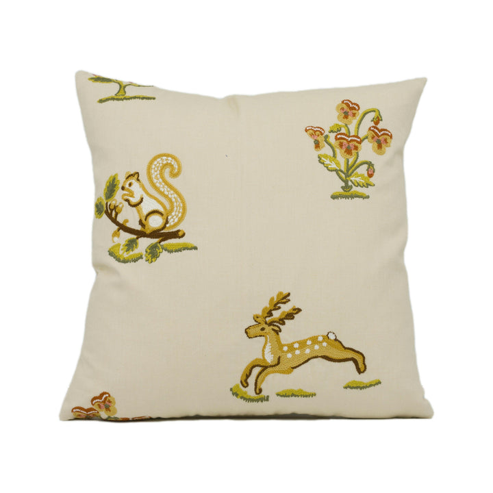 Sanderson - Clemence - Russet / Sand - Embroidered Forest Animals & Wild Flowers Cushion Cover - Handmade Throw Pillow - Designer Home Décor.