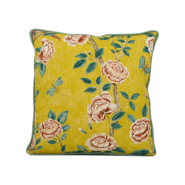 Sanderson - Andhara - Saffron / Teal - Classic Flora and Fauna Chinoiserie Designer Cushion Cover - Luxury Throw Pillow - Handmade Home Déco.
