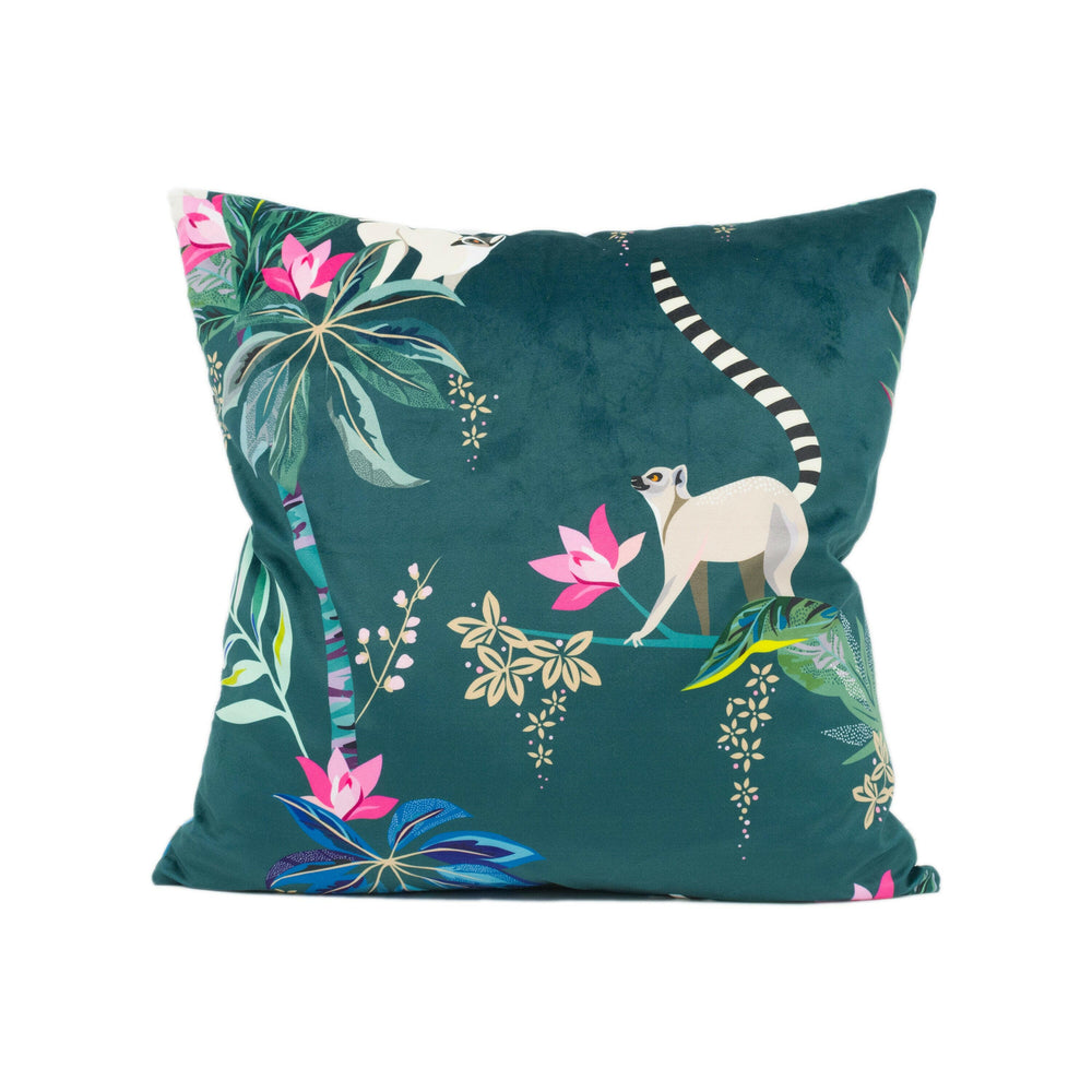 Lemur Teal Velvet Designer Cushion Cover - Luxury Velvet Throw Pillow - Tropical Fantasy Maximalist Pillow Cover - Custom Handmade Pillow.