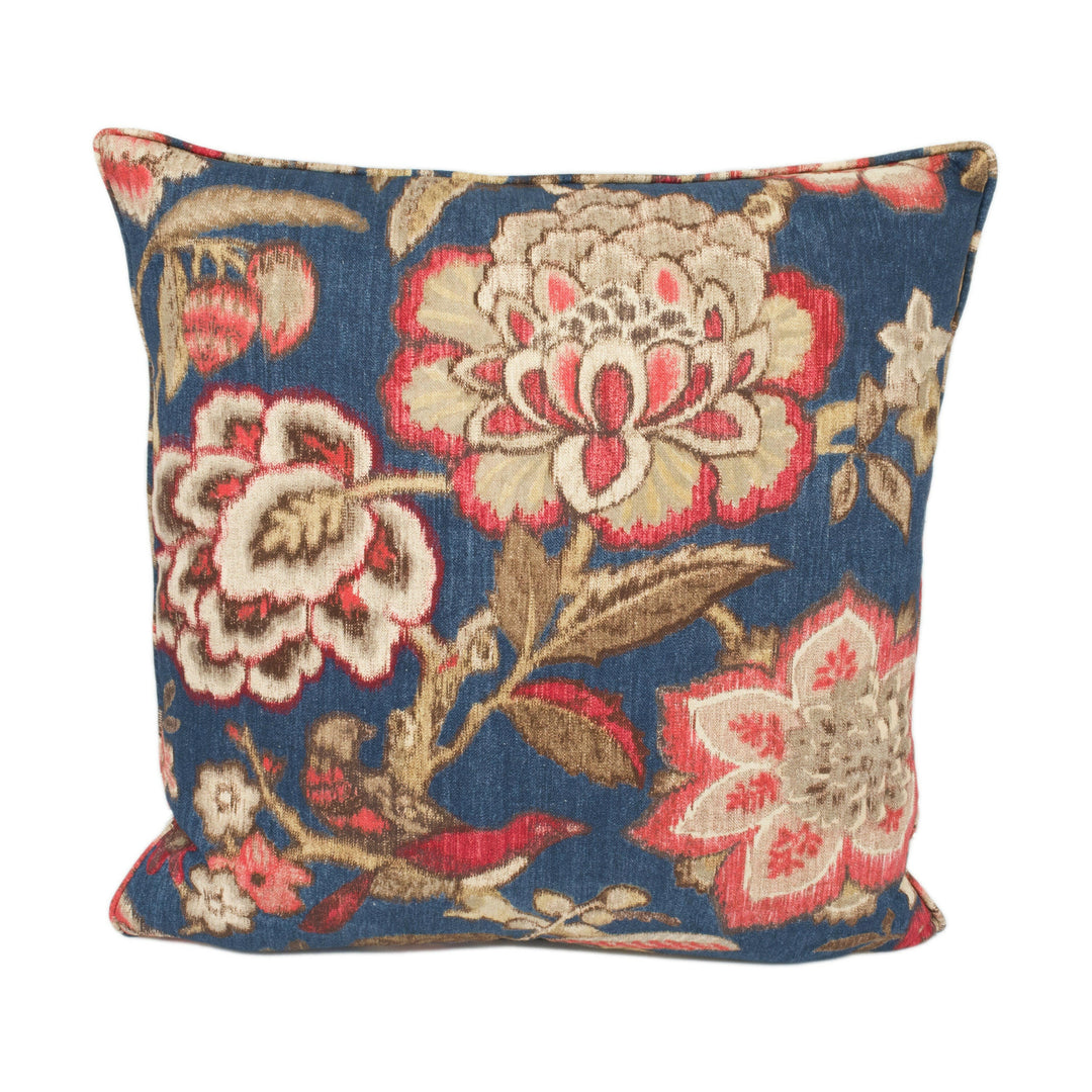 Sanderson - Indra Flower - Indigo / Cherry - Self Piped Ikat Inspired Floral Cushion Cover - Handmade Throw Pillow - Designer Home Décor.