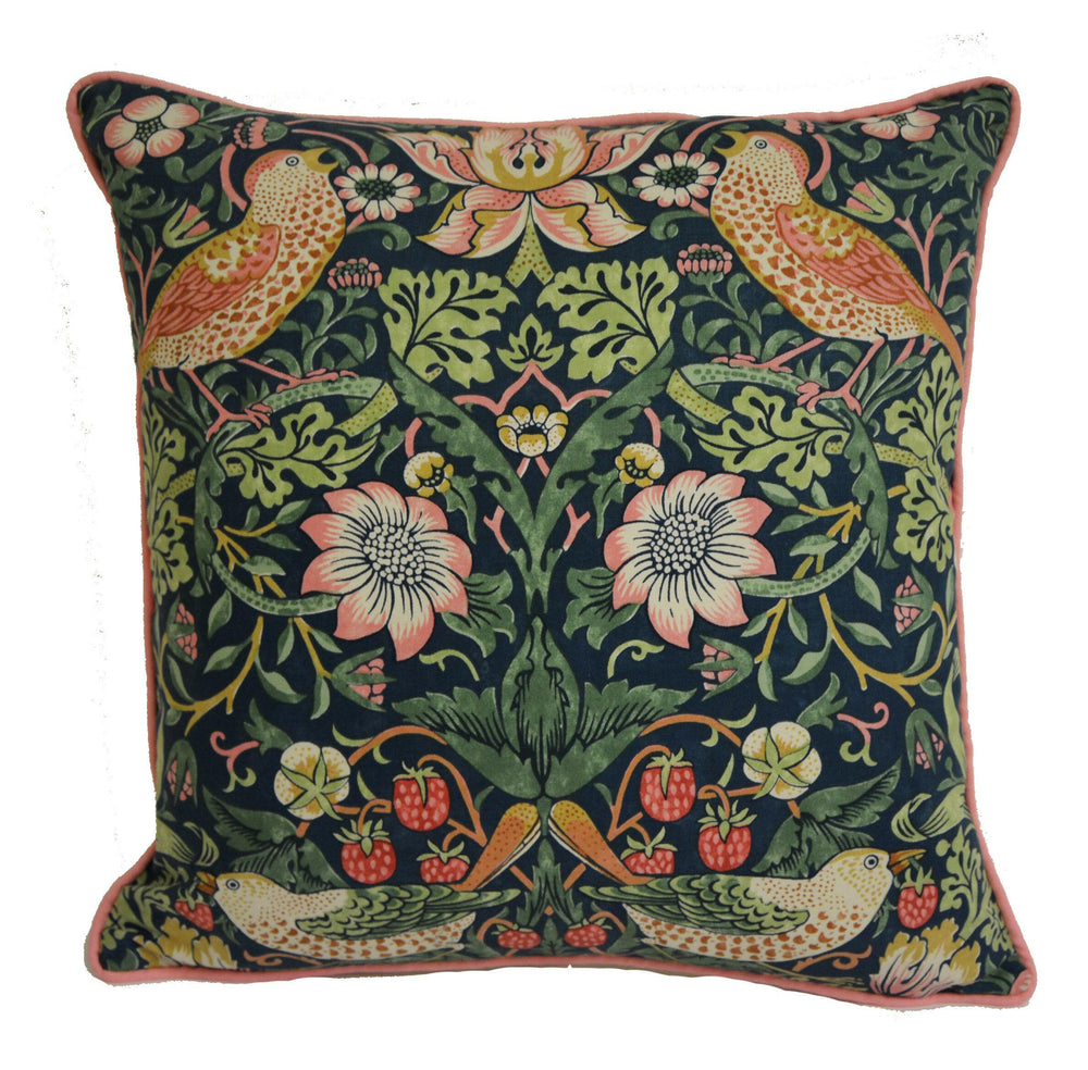 Morris & Co - Strawberry Thief - Indigo / Moss / Persian Pink - Stunning Iconic Classic Designer Cushion Cover - Handmade Home Decor.