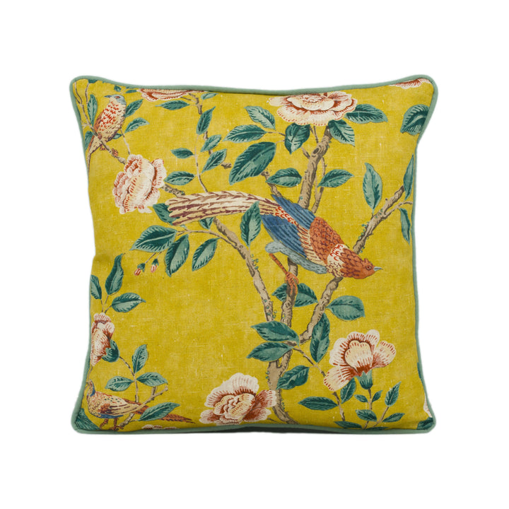 Sanderson - Andhara - Saffron / Teal - Classic Flora and Fauna Chinoiserie Designer Cushion Cover - Luxury Throw Pillow - Handmade Home Déco.