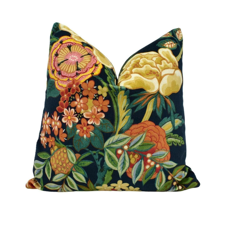 Sanderson - Emperor Peony Velvet - Midnight / Apricot - Plush Floral Velvet Cushion Cover - Chic Designer Pillow Cover - Blue Orange Cushion.