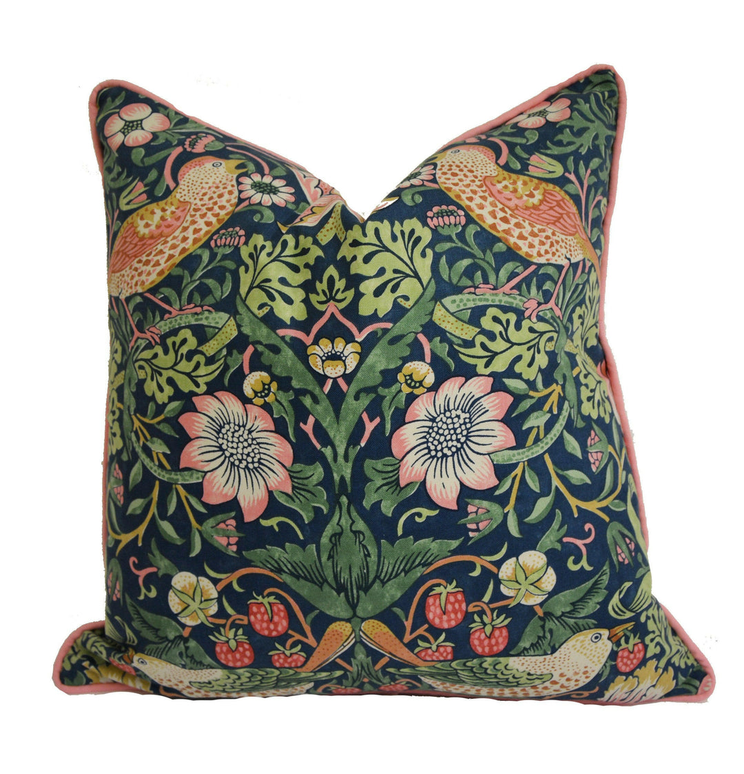 Morris & Co - Strawberry Thief - Indigo / Moss / Persian Pink - Stunning Iconic Classic Designer Cushion Cover - Handmade Home Decor.