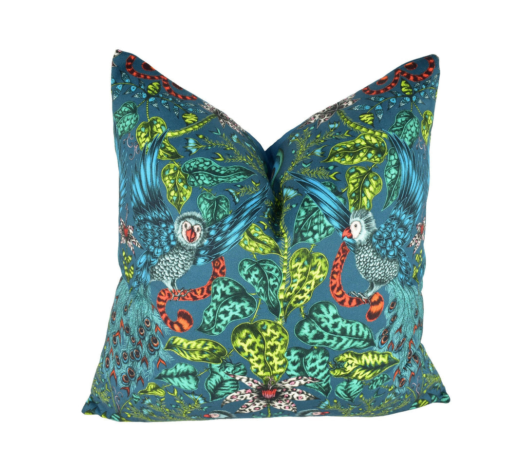 Blue & Green Funky Maximalist Fantasy Tropical Birds - Bold Flora and Fauna Designer Cushion Cover - Luxury Throw Pillow - Handmade Home.