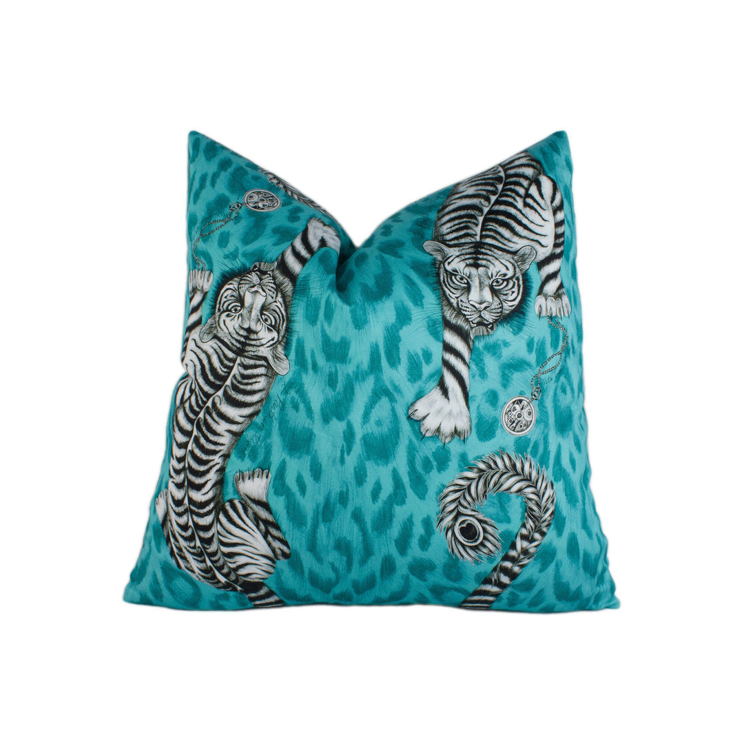 Teal Funky Maximalist Tiger Designer Cushion Cover - Bold Flora and Fauna Luxury Throw Pillow - Handmade Home Decor - Funky Scatter Pillow.