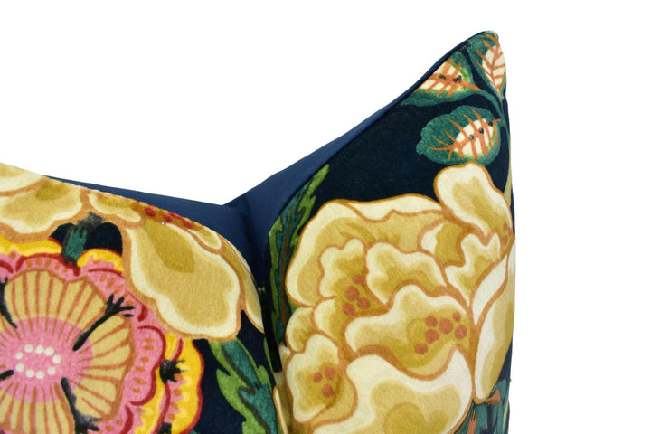 Sanderson - Emperor Peony Velvet - Midnight / Apricot - Plush Floral Velvet Cushion Cover - Chic Designer Pillow Cover - Blue Orange Cushion.