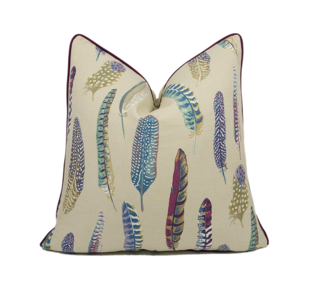 Sanderson - Lismore - Mulberry / Fig - Elegant Partridge Feather Designer Cushion - Geometric Colourful Throw Pillow - Purple Beige Pillow.