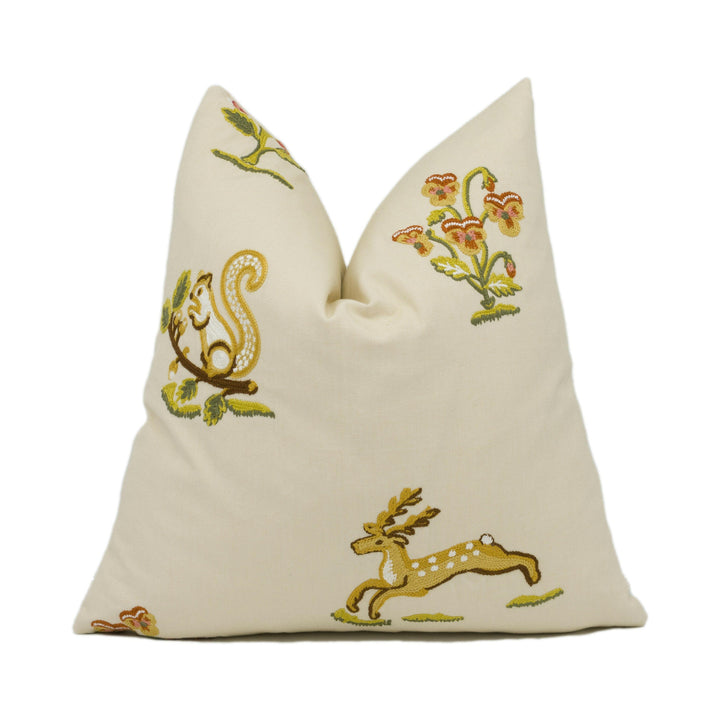 Sanderson - Clemence - Russet / Sand - Embroidered Forest Animals & Wild Flowers Cushion Cover - Handmade Throw Pillow - Designer Home Décor.