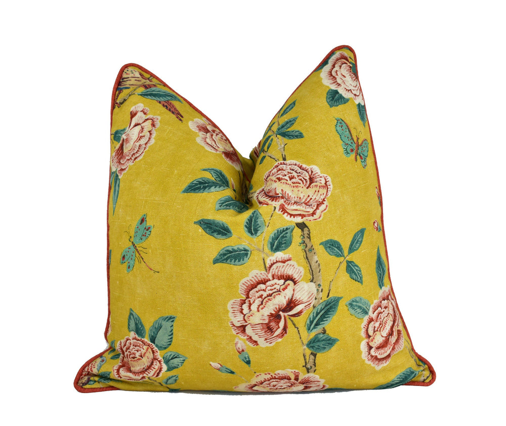 Sanderson - Andhara - Saffron / Teal - Classic Flora and Fauna Chinoiserie Designer Cushion Cover - Luxury Throw Pillow - Handmade Home Déco.