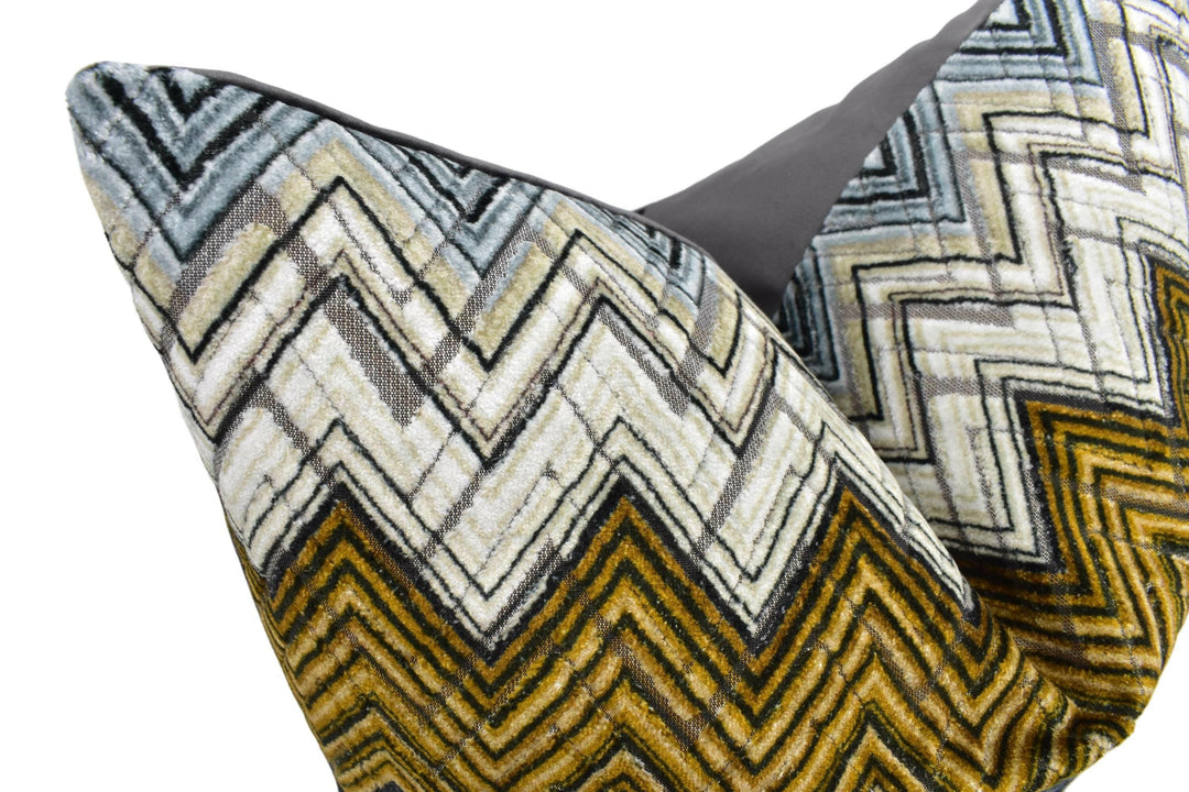 Romo x Black Edition - Zenith - Muscovado - Sumptuous Woven Jacquard Velvet Designer Cushion Cover Black Grey Gold Geometric Chevron Pillow.