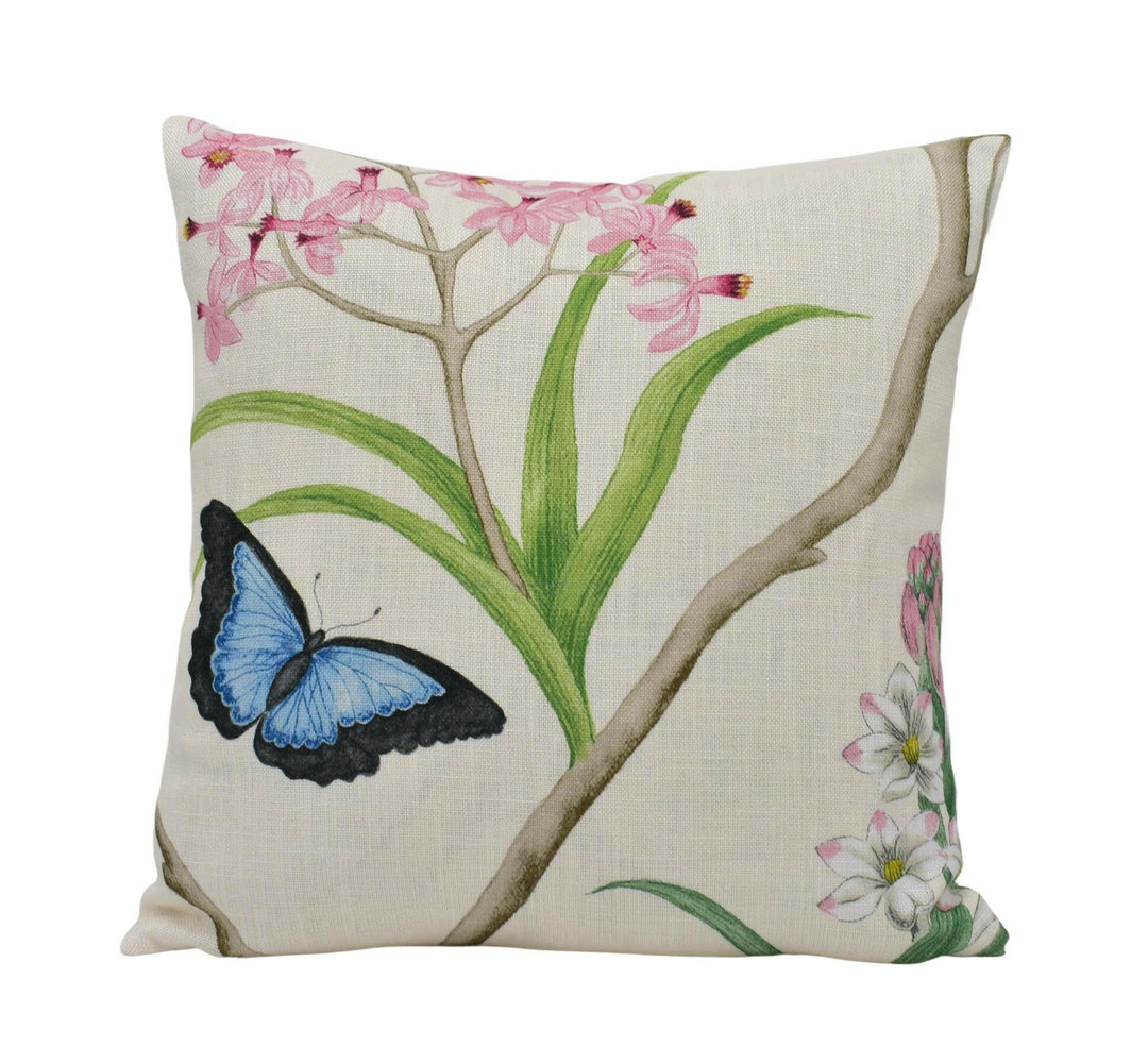 Sanderson - Clementine - Chintz - Painterly Tropical Amazon Trail Jungle Flora Fauna Cushion Cover - Preppy Pink Green Botanical Pillow.