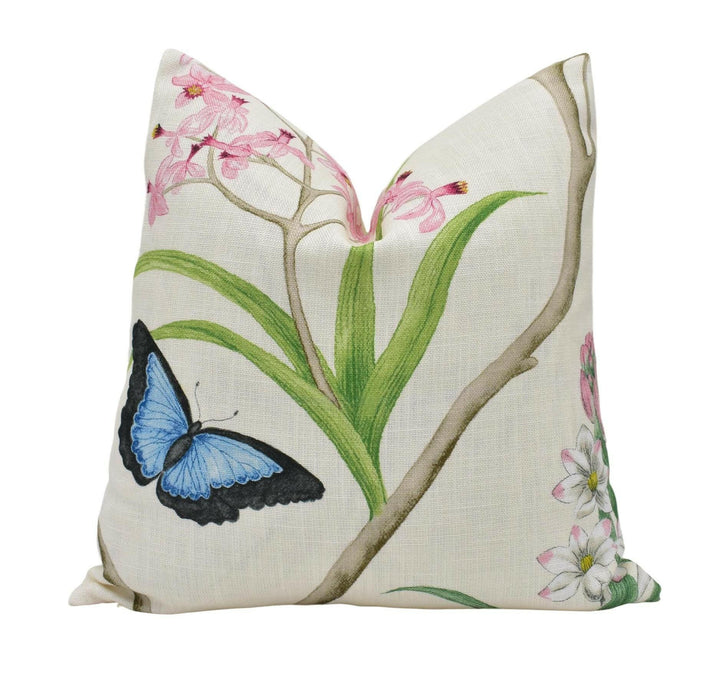 Sanderson - Clementine - Chintz - Painterly Tropical Amazon Trail Jungle Flora Fauna Cushion Cover - Preppy Pink Green Botanical Pillow.
