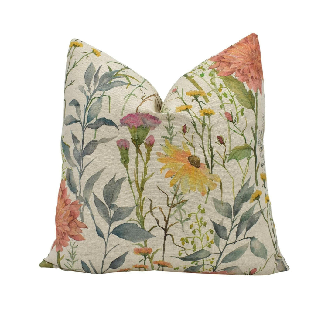Voyage - Delamere - Linen - Idyllic British Floral Meadow Cotton Cushion Cover - Warm Orange Colourful Spring Flora Fauna Watercolour Pillow.
