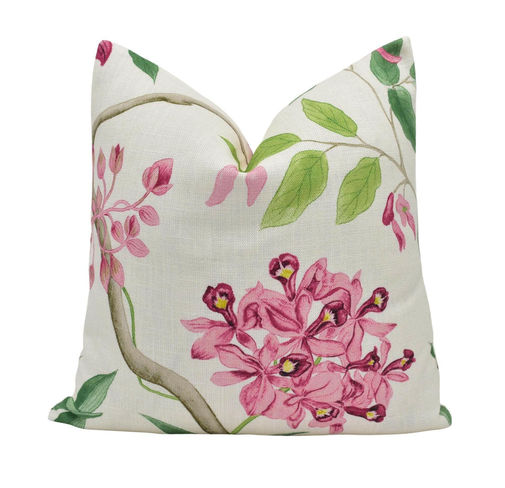 Sanderson - Clementine - Chintz - Painterly Tropical Amazon Trail Jungle Flora Fauna Cushion Cover - Preppy Pink Green Botanical Pillow.
