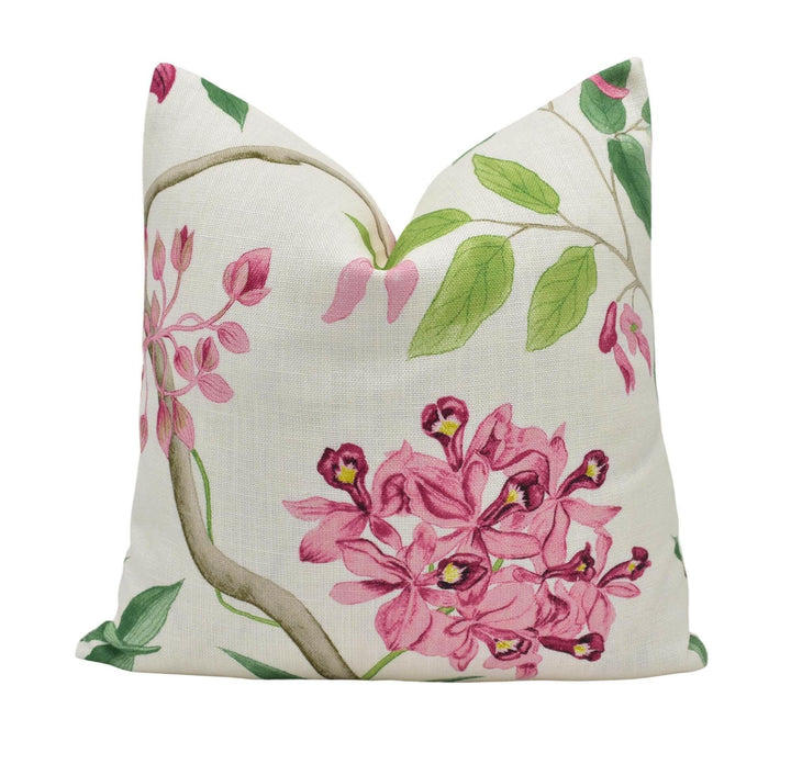 Sanderson - Clementine - Chintz - Painterly Tropical Amazon Trail Jungle Flora Fauna Cushion Cover - Preppy Pink Green Botanical Pillow.