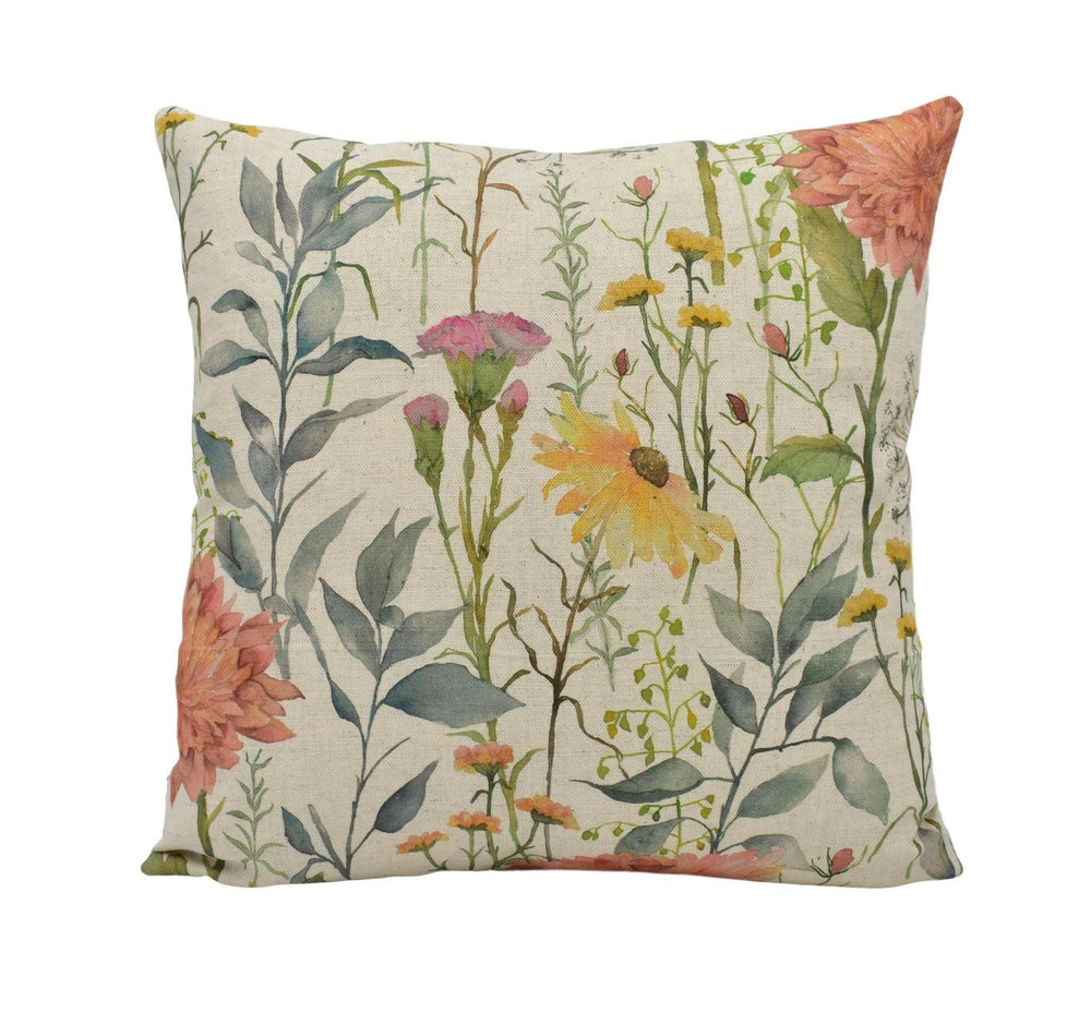 Voyage - Delamere - Linen - Idyllic British Floral Meadow Cotton Cushion Cover - Warm Orange Colourful Spring Flora Fauna Watercolour Pillow.