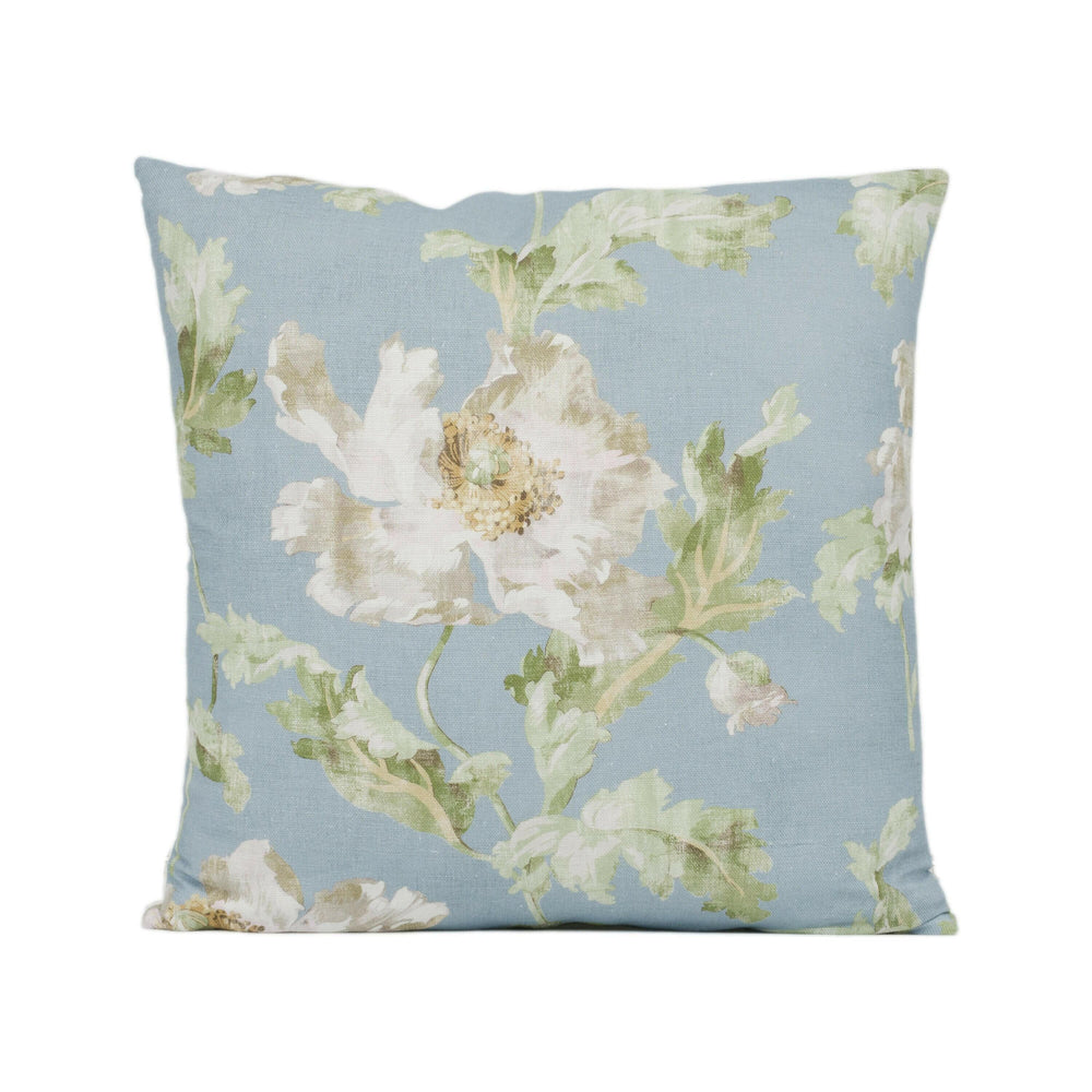 Colefax and Fowler - Meriden - Blue - Soft Blue Romantic Poppy Bloom Designer Floral Cushion Cover - White Green Cottagecore Linen Poppies.