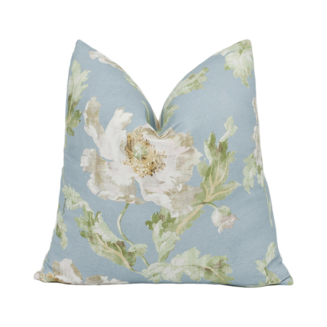 Colefax and Fowler - Meriden - Blue - Soft Blue Romantic Poppy Bloom Designer Floral Cushion Cover - White Green Cottagecore Linen Poppies.