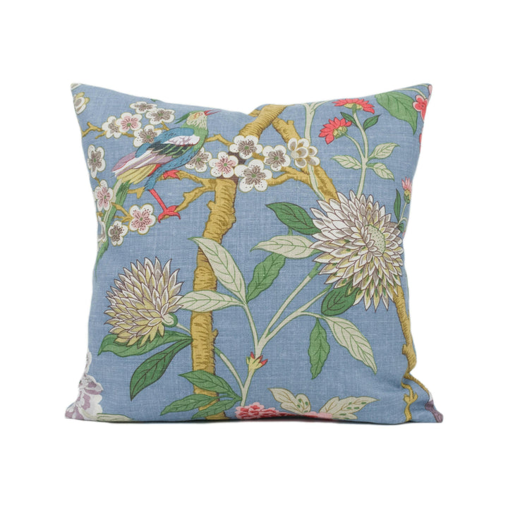GP & J Baker - Hydrangea Bird - Indigo - Exotic Chinese Bird Designer Cushion Cover - Majestic Blue Pheasant Green Floral Pillow Cover.