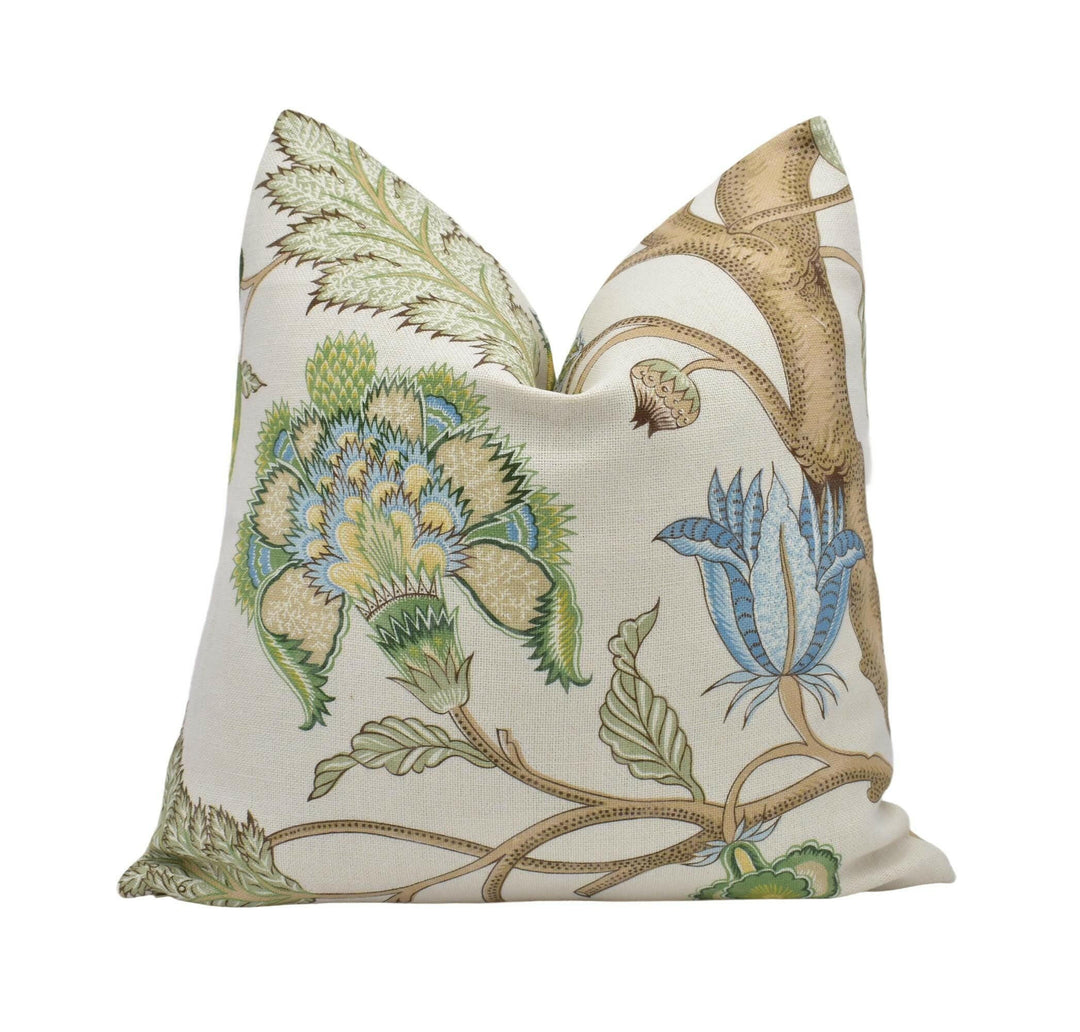 Sarah Bartholomew x Lee Jofa - Palampore Print - Spring - Jacobean Tree of Life Floral Designer Cushion Cover Green Blue Lively Leaf Pillow.