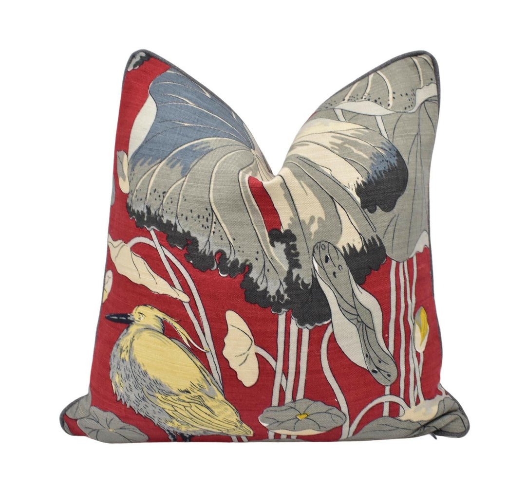 G P and J Baker - Nympheus - Red - Classic Baker Kingfisher Lily Pad Designer Linen Cushion - Red Grey Flora Fauna Bird Pillow.