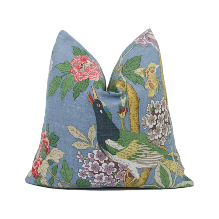 GP & J Baker - Hydrangea Bird - Indigo - Exotic Chinese Bird Designer Cushion Cover - Majestic Blue Pheasant Green Floral Pillow Cover.