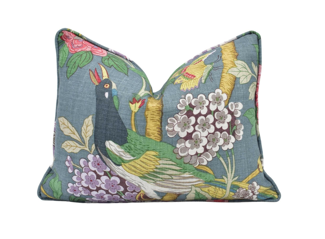GP & J Baker - Hydrangea Bird - Indigo - Exotic Chinese Bird Designer Cushion Cover - Majestic Blue Pheasant Green Floral Pillow Cover.