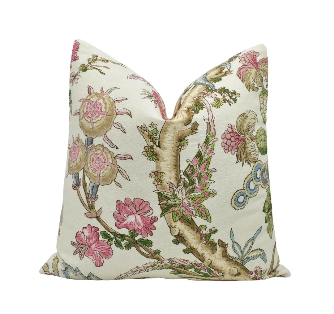 Thibaut - Chatelain - Pink - Designer French Floral Jacobean Cushion Cover - Cream Blush Green Preppy Chic Tree of Life Handmade Pillow.