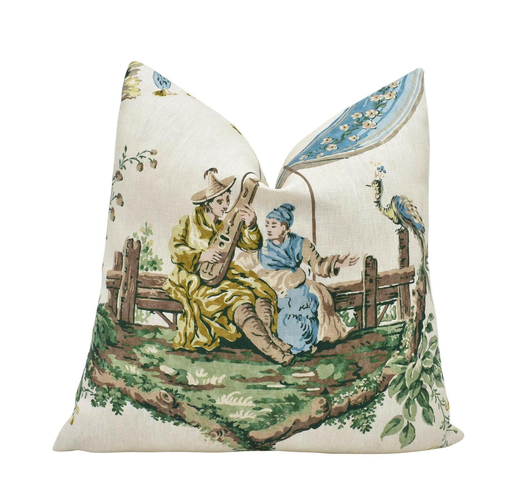 Zoffany - Emperor's Musician - Evergreen - Detailed 18th Century French Chinoiserie Pillow Cover - Blue Green Asian Inspired Floral Cushion.