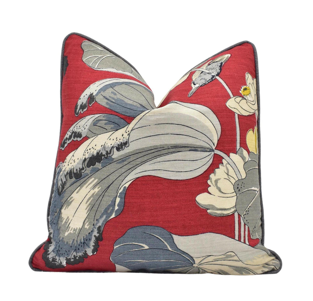 G P and J Baker - Nympheus - Red - Classic Baker Kingfisher Lily Pad Designer Linen Cushion - Red Grey Flora Fauna Bird Pillow.