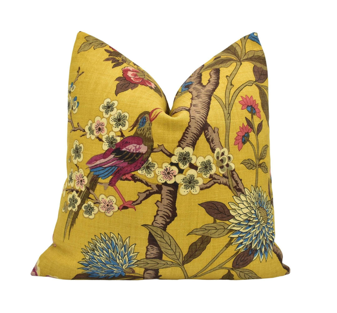 GP & J Baker - Hydrangea Bird - Ochre - Magnificent Exotic Pheasant Designer Cushion Cover Yellow Blue Flora and Fauna Bird Pillow Cover.