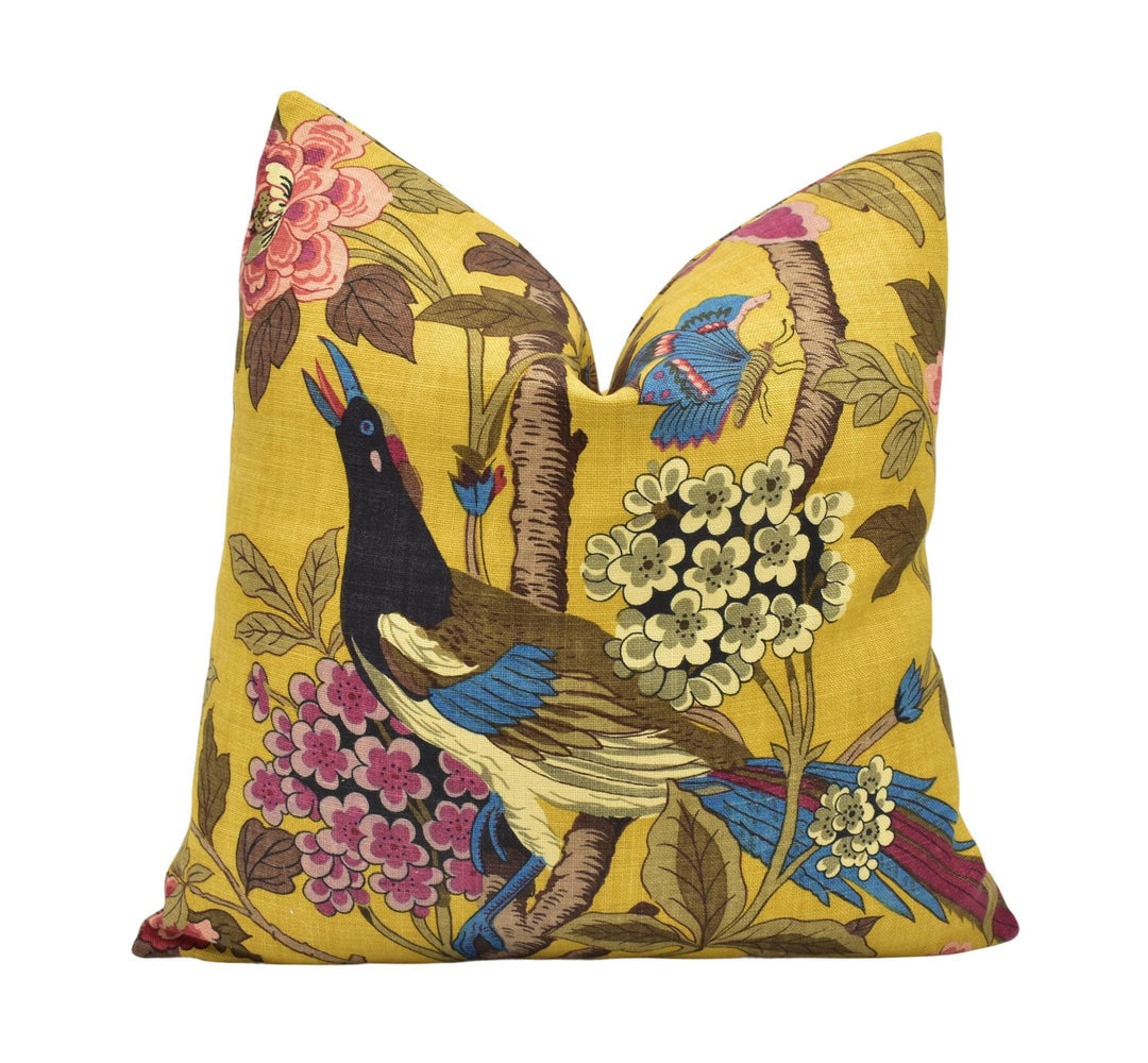 GP & J Baker - Hydrangea Bird - Ochre - Magnificent Exotic Pheasant Designer Cushion Cover Yellow Blue Flora and Fauna Bird Pillow Cover.