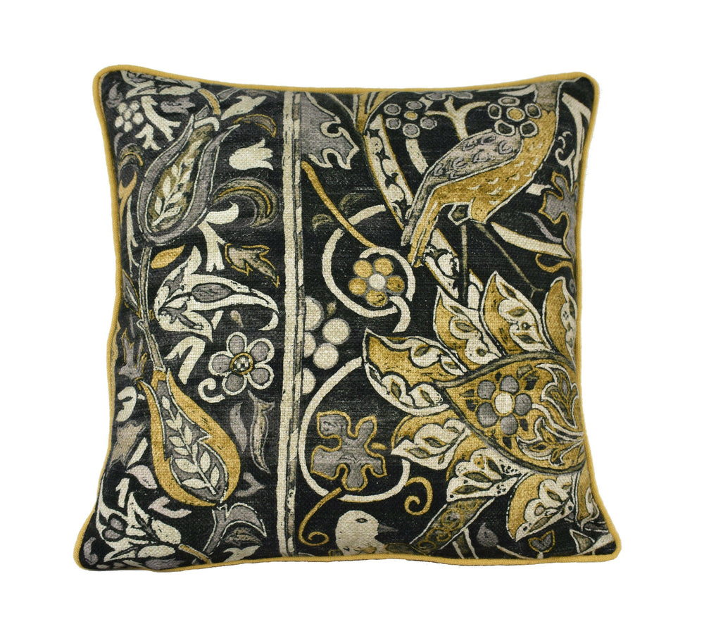 William Morris - Bullerswood - Charcoal / Mustard - Contrast Piped Cushion Cover Pillow Throw Designer Home Decor.